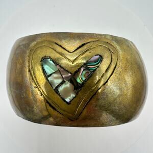 Vintage Mexican brass gold tone abalone inlay heart adjustable cuff bracelet